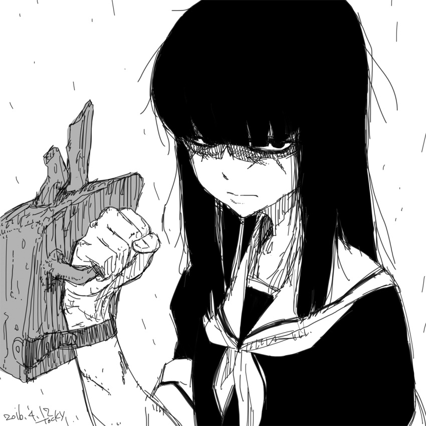 alternate_costume, bangs, blunt_bangs, cannon, clenched_hand, commentary_request, frown, hatsuyuki_(kantai_collection)