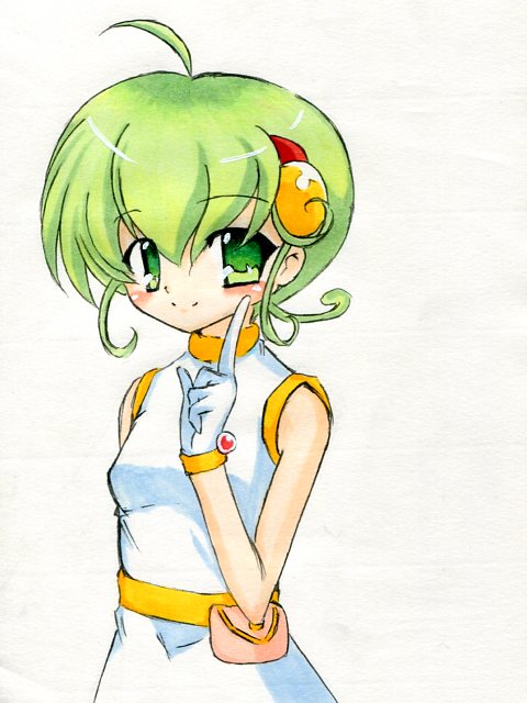 1girl, ahoge, bangs, bare_shoulders, belt, belt_pouch, blush, bracelet, dress, gloves, green_eyes, green_hair, hair_ornament, hiiragi_rokuna, jewelry, rokumon_tengai_mon_colle_knight, smile, traditional_media