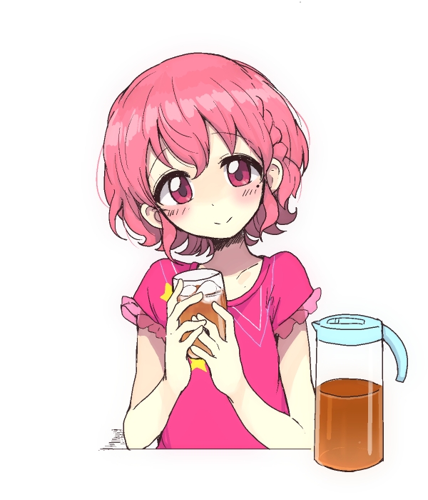 1boy, blush, braid, ice, ice_cube, iced_tea, leona_west, looking_at_viewer, mole, mole_under_eye, motsu_aki, open_mouth, otoko_no_ko, pink_eyes, pink_hair, pripara, short_hair, smile, solo, tea
