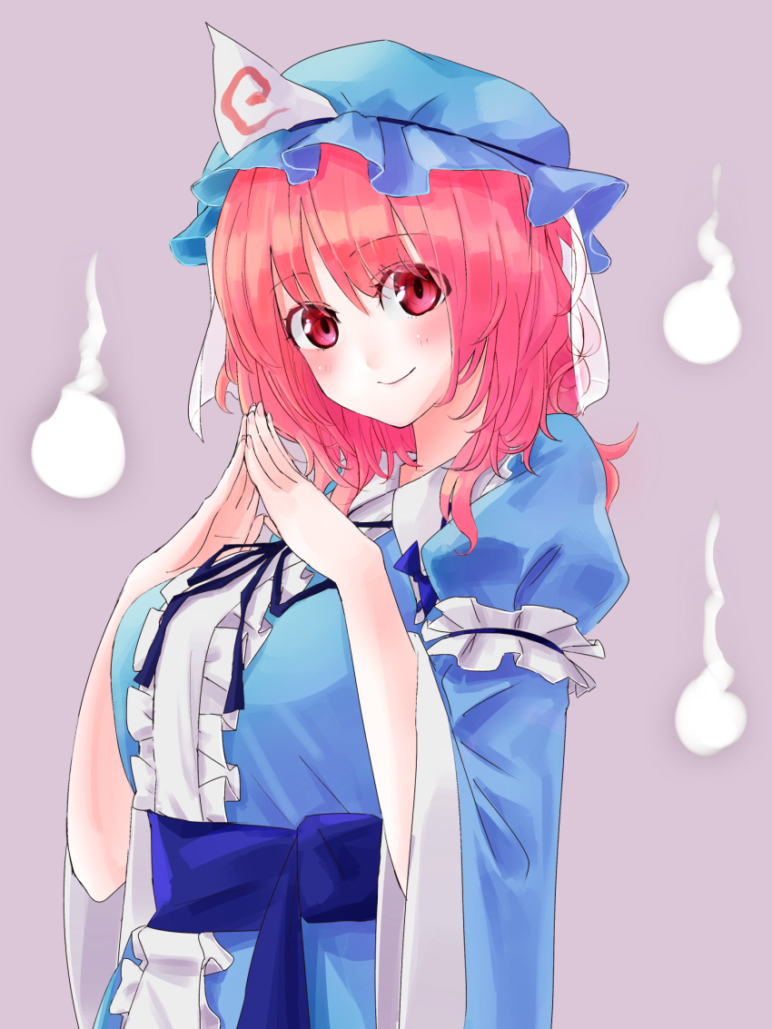 1girl, blush, breasts, ghost, hands_together, hat, highres, hitodama