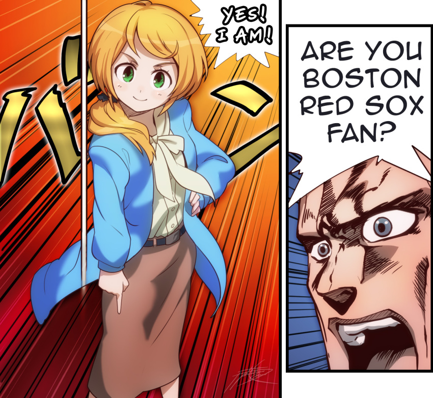 1girl, blonde_hair, blue_jacket, ellen_baker, english, green_eyes, hair_ornament, hair_scrunchie