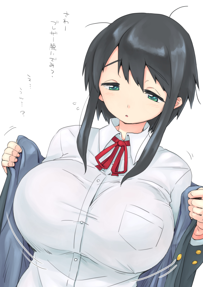 1girl, black_hair, bouncing_breasts, breasts, female, green_eyes, highres, large_breasts