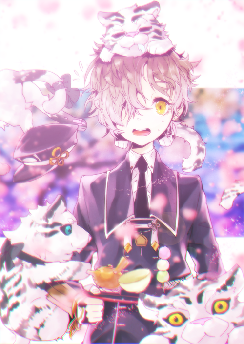 1boy, amaneryuusei, animal, animal_on_head, blue_eyes, blurry, cup, dango