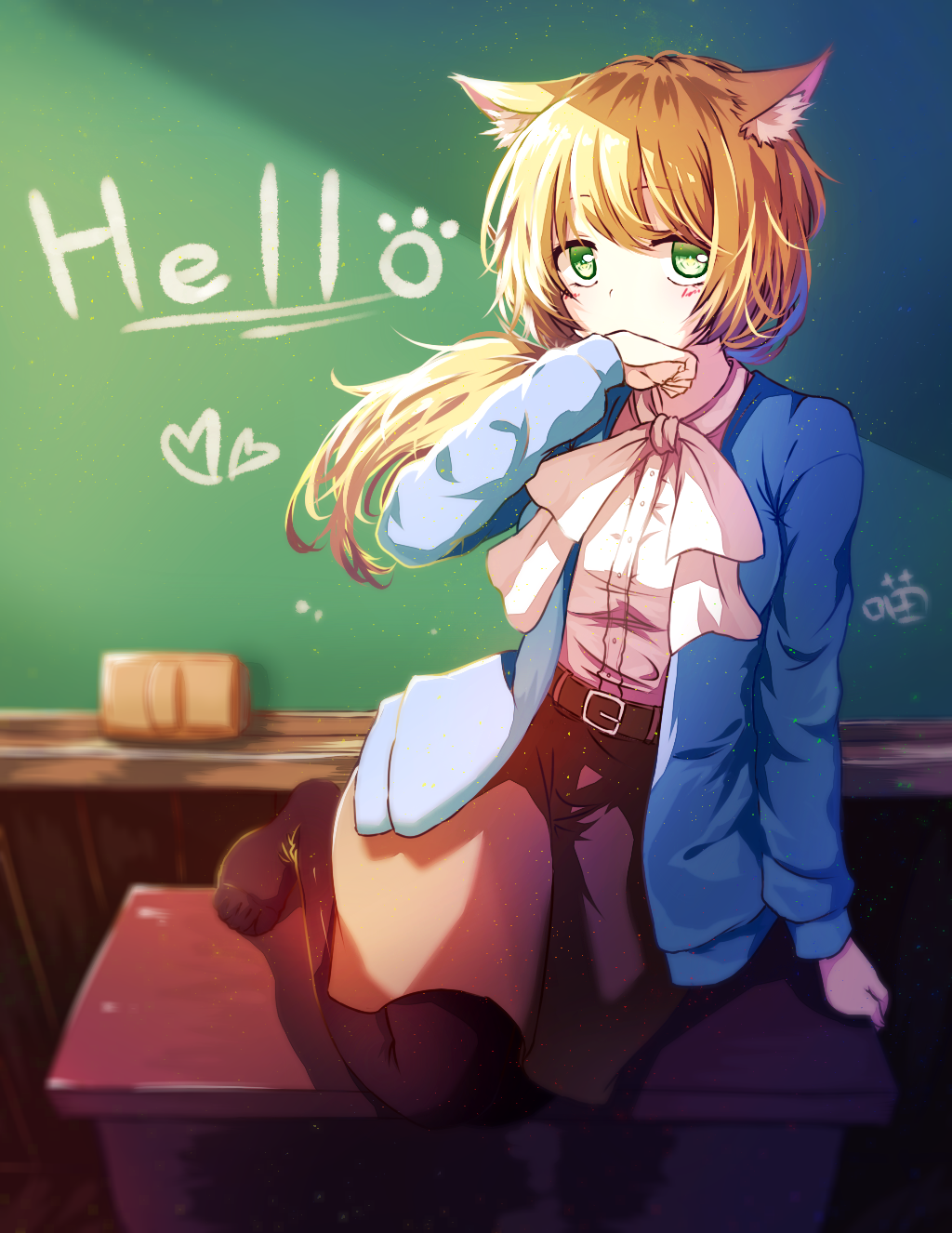 1girl, animal_ears, belt, black_legwear, blonde_hair, blue_jacket, blush, bow
