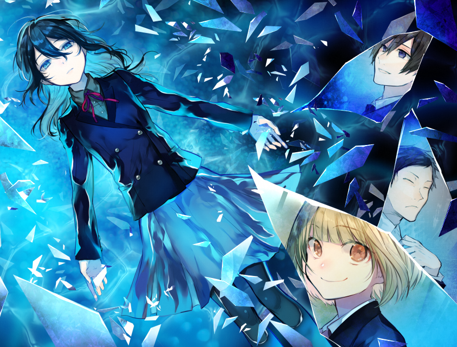 2boys, 2girls, bangs, black_hair, black_legwear, blonde_hair, blue_eyes, blunt_bangs, bob_cut, broken_glass, brown_hair, cardigan, formal, glass, hanasaki_yuzu, hinohara_ayato, kohaku_no_yume, long_hair, multiple_boys, multiple_girls, nozaki_tsubata, official_art, school_uniform, sengoku_ryoutarou, short_hair, smile, suit, usui_mishiro