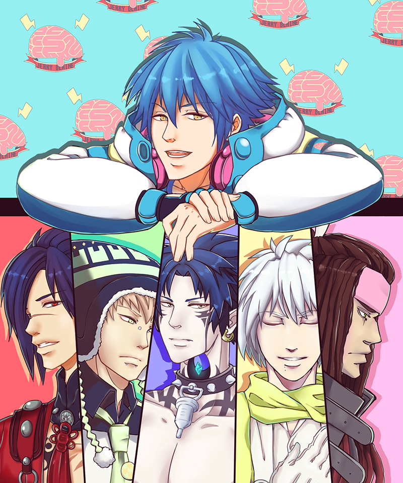blue_hair, brown_hair, clear_(dramatical_murder), closed_eyes, collar, doktor_crimson, dramatical_murder, earrings