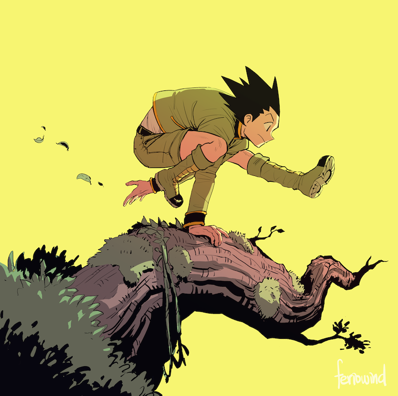 1boy, black_hair, boots, feriowind, from_side, full_body, gon_freecss, green_boots