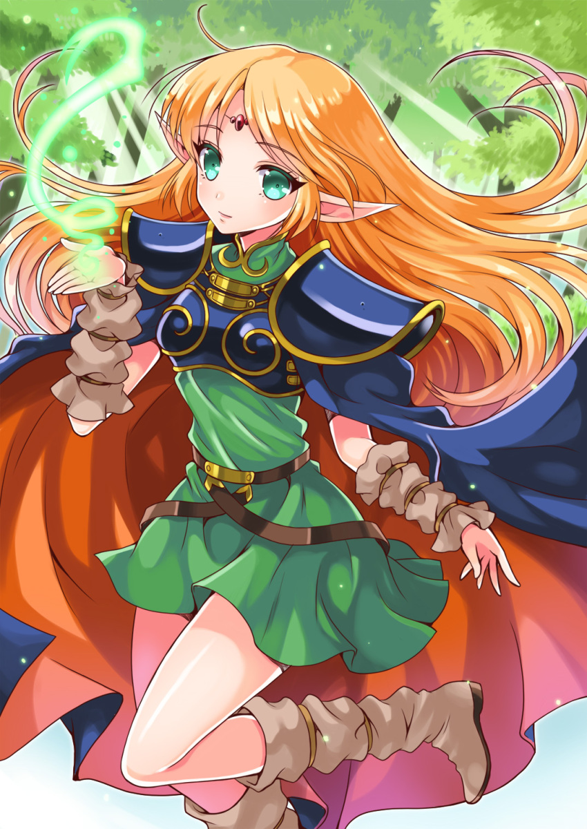 1girl, aqua_eyes, armor, blonde_hair, boots, breastplate, circlet, deedlit