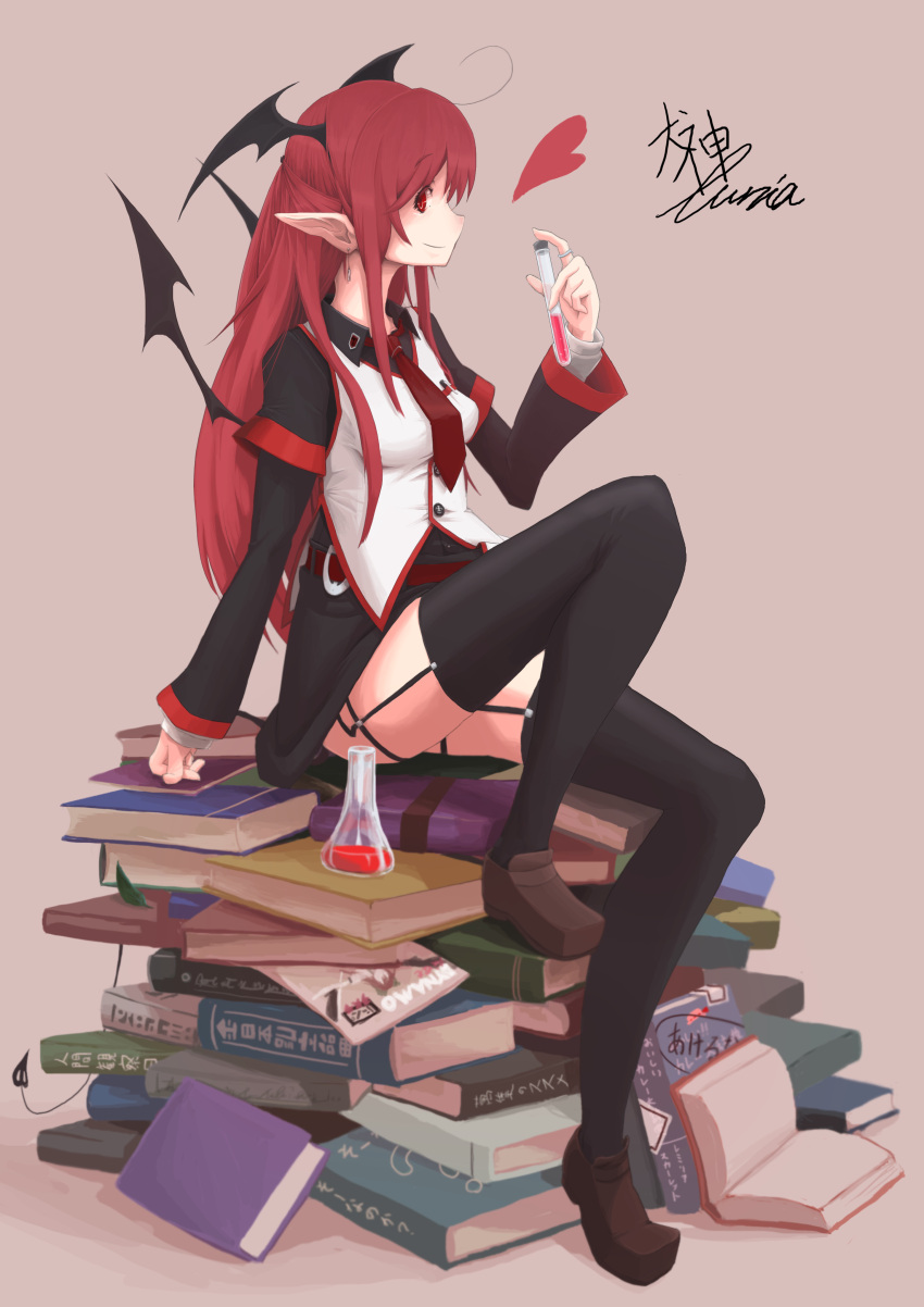 1girl, absurdres, ahoge, alternate_costume, bat_wings, beaker, belt, black_legwear
