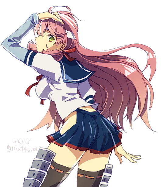 1girl, akashi_(kantai_collection), armor, bandana, blue_skirt, breasts, green_eyes, hair_ribbon