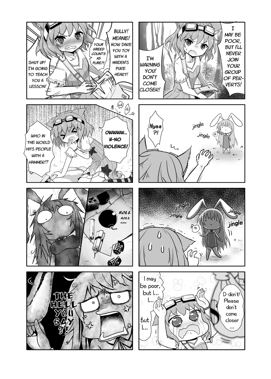 2girls, anger_vein, animal_ears, asymmetrical_legwear, bomb, cat_ears, cocoa_(rabi_ribi), comic