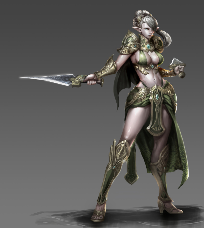 1girl, dual_wielding, elf, green_eyes, high_heels, highres, kingdom_under_fire_2, long_hair