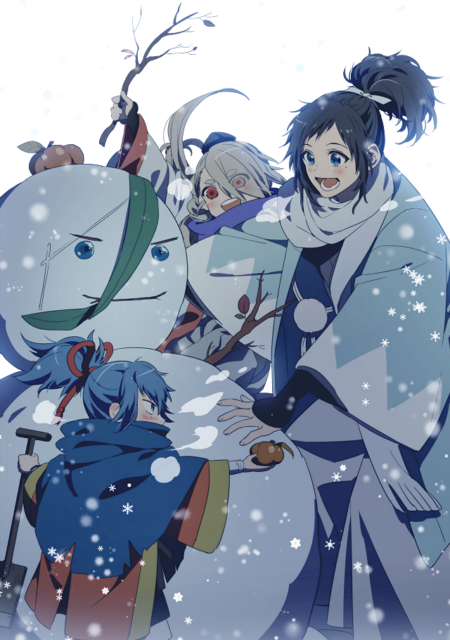 3boys, black_hair, blue_eyes, blue_hair, branch, eyes_visible_through_hair, food, fruit