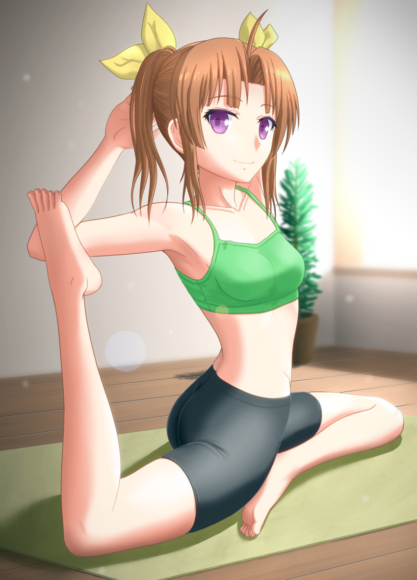 1girl, ahoge, ass, bare_shoulders, barefoot, bike_shorts, bra, breasts