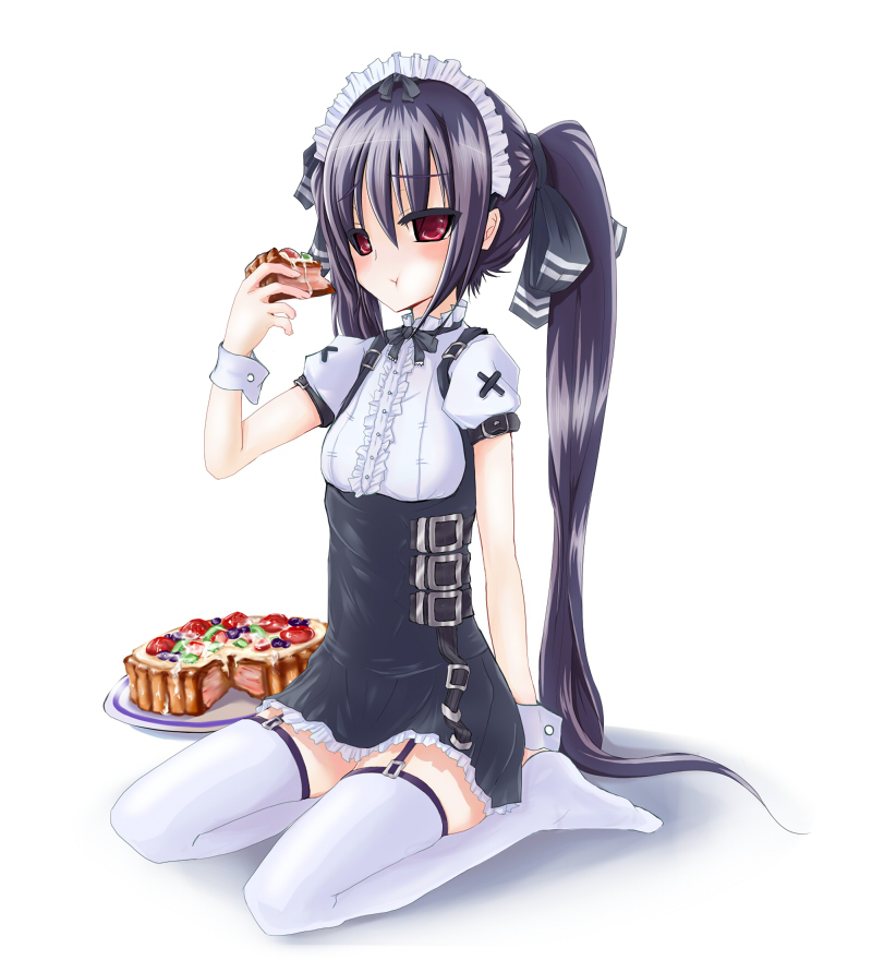 black_hair, cake, de_so, eating, food, hair_ribbon, kooh, legs