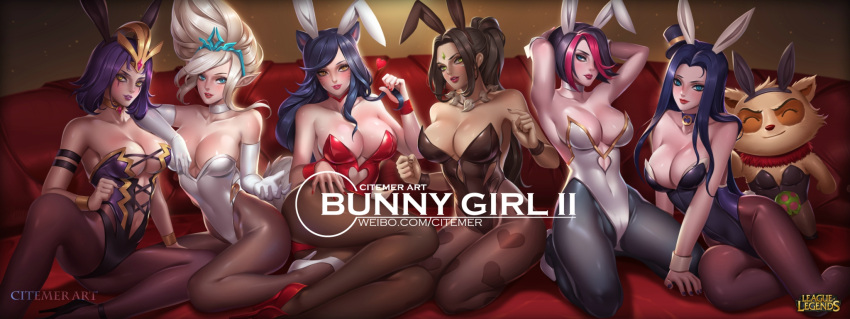 6+girls, ^_^, ahri, animal, animal_ears, arm_belt, arm_on_shoulder, arm_support