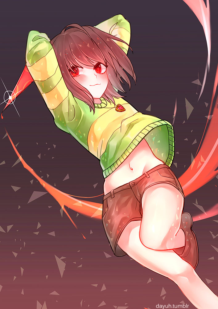androgynous, blood, blush, brown_hair, chara_(undertale), dayuh, dust, glint, gradient, gradient_background, heart, heart-shaped_pupils, heart_necklace, knife, navel, red_eyes, shoes, shorts, smile, solo, spoilers, striped, striped_sweater, sweater, symbol-shaped_pupils, undertale, watermark, web_address