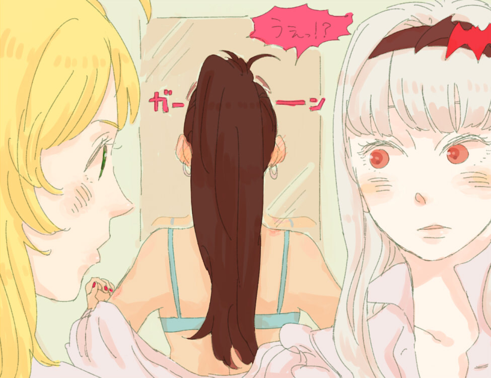 3girls, bangs, blonde_hair, blush, bra, brown_hair, ganaha_hibiki, green_eyes