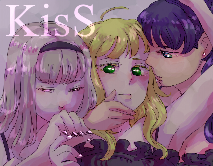 3girls, bangs, black_dress, blonde_hair, closed_eyes, dress, ganaha_hibiki, green_eyes