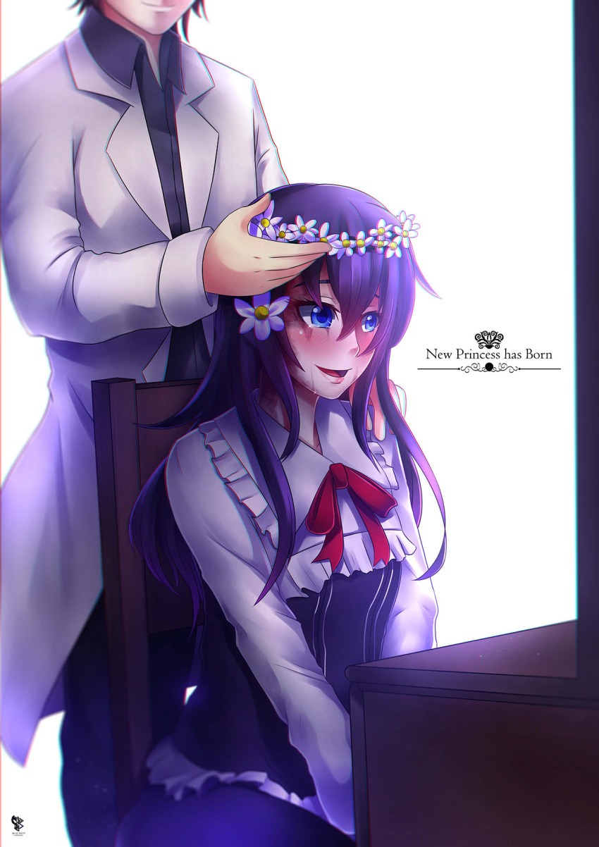 1boy, 1girl, black_hair, blue_eyes, blueriest, blush, burn_scar, chair