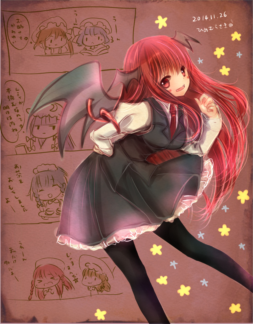 4koma, bent_over, black_legwear, blush_stickers, comic, demon_wings, fangs, hand_on_hip