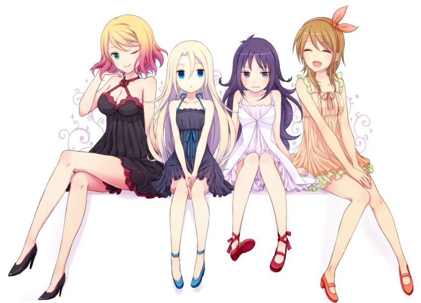 4girls, blonde_hair, blue_eyes, brown_hair, cathy_(satsuriku_no_tenshi), closed_eyes, dress, green_eyes, kanzaki_shiori, kirisame_ga_furu_mori, long_hair, multiple_girls, nico_(nico_alice), one_eye_closed, purple_hair, ray_(satsuriku_no_tenshi), sakuma_miyako, satsuriku_no_tenshi, short_hair, violet_eyes