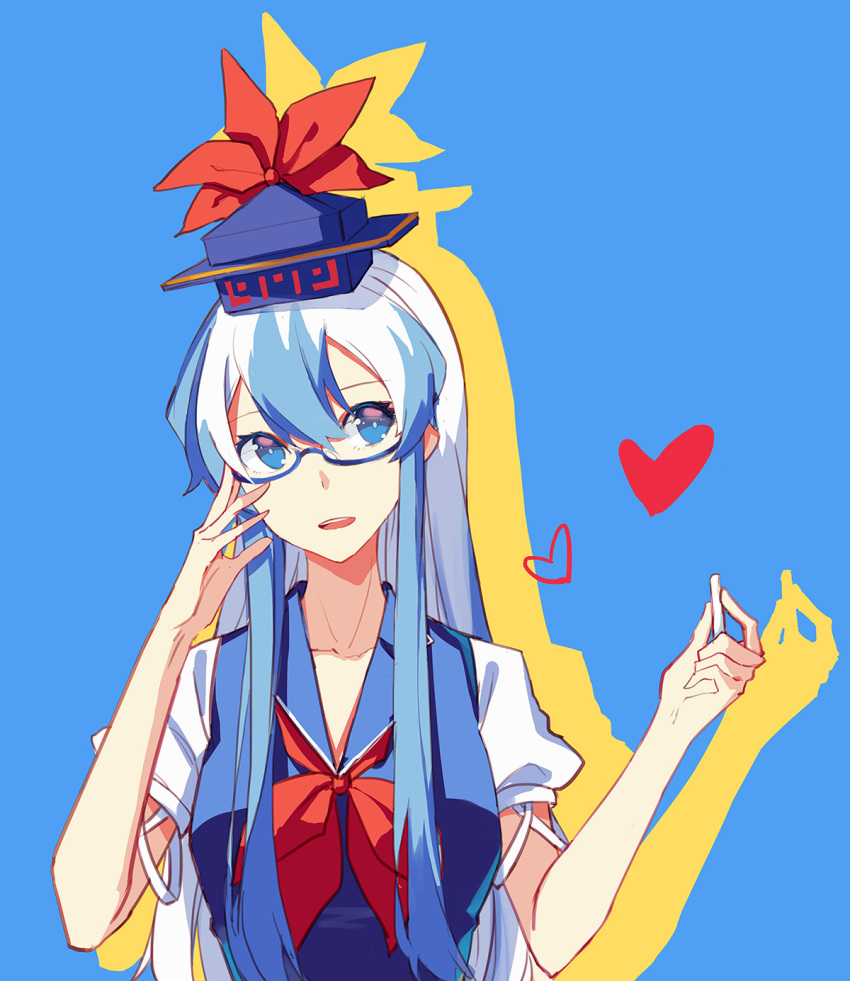 1girl, bespectacled, blue-framed_glasses, blue_background, blue_eyes, blue_hair, chalk, dress