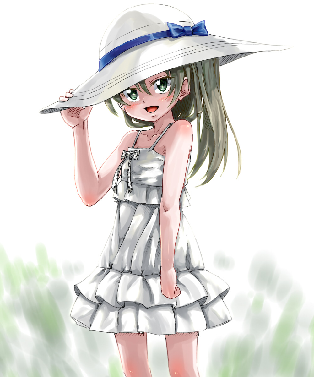 1girl, blush, brown_eyes, brown_hair, dress, hand_on_headwear, hat, highres, long_hair, morgan_(adfx01f), open_mouth, original, smile, solo, sun_hat, sundress, white_dress