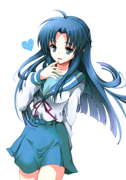 asakura_ryouko, blue_eyes, blue_hair, finger_to_mouth, heart, light_smile, long_hair, mayachi_(amuriya)