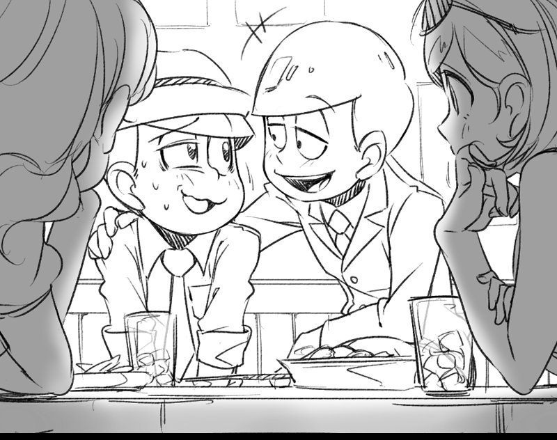 2boys, 2girls, arm_around_shoulder, atsushi_(osomatsu-san), chin_rest, cup, drinking_glass, extra, formal, greyscale, hat, looking_at_another, male_focus, matsuno_todomatsu, monochrome, multiple_boys, multiple_girls, necktie, osomatsu-kun, osomatsu-san, porkpie_hat, rian_(bdl), simple_background, smile, suit, sunglasses, sunglasses_on_head, talking, white_background