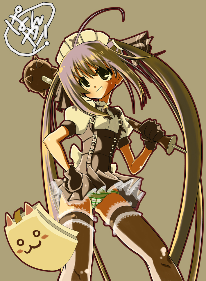 black_hair, gloves, golf_club, hair_ribbon, hand_on_hip, kooh, long_hair, maid