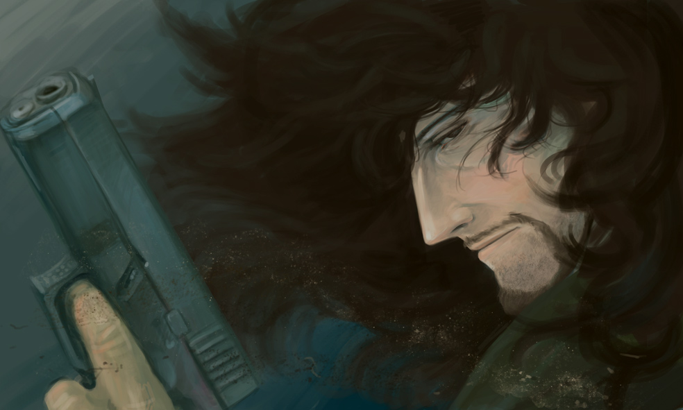 black_hair, cowboy_bebop, facial_hair, glock, gun, handgun, male, pistol