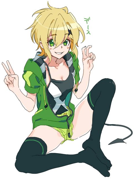 1girl, akatsuki_kirika, black_legwear, blonde_hair, demon_tail, double_v, green_eyes, hanakuso, hood, hoodie, looking_at_viewer, senki_zesshou_symphogear, short_hair, short_shorts, shorts, simple_background, sitting, smile, solo, spaghetti_strap, tail, tank_top, thigh-highs, v, white_background, x_hair_ornament