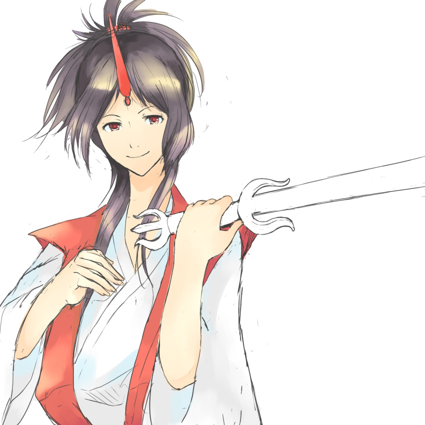 1girl, black_hair, highres, horn, japanese_clothes, konngara, red_eyes, smile