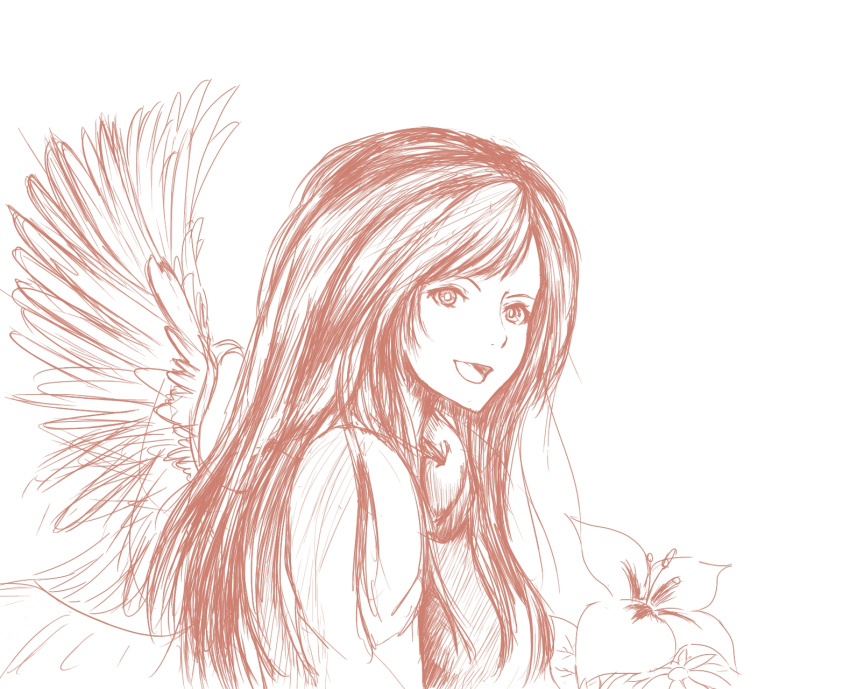 1girl, angel_wings, flower, highres, monochrome, sariel, smile, solo