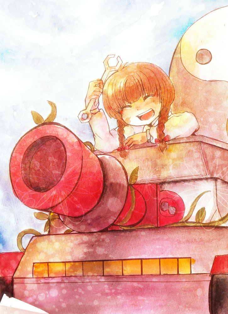 1girl, braid, brown_hair, closed_eyes, flower_tank, military, military_vehicle, open_mouth