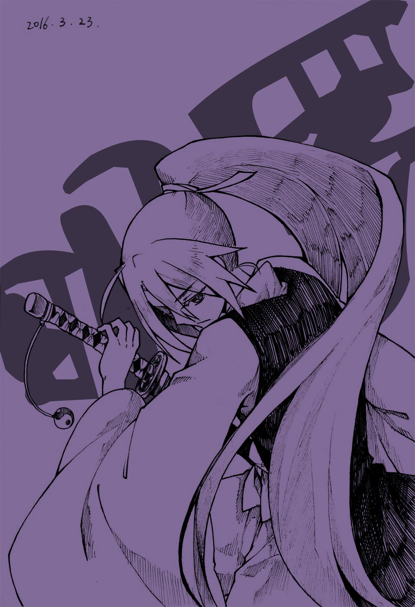 1girl, character_name, dated, highres, japanese_clothes, katana, ko_kita, long_hair