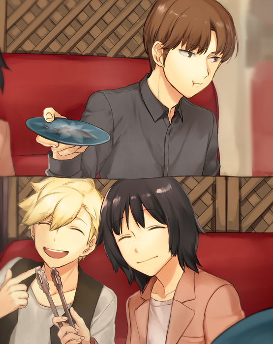 :t, ^_^, bangs, black_hair, black_shirt, blonde_hair, brown_eyes, brown_hair