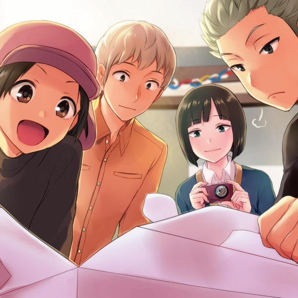 1girl, 3boys, :d, betsuyaku_taichi, black_eyes, black_hair, blonde_hair, blue_eyes, box, brown_eyes, closed_mouth, collared_shirt, dress_shirt, frown, green_eyes, hat, holding_camera, jacket, kon_yuka, kuruma_tatsuya, long_sleeves, maruishi, multiple_boys, murakami_kou, open_mouth, orange_shirt, paper_chain, shirt, short_hair, sign, silver_hair, smile, white_shirt, world_trigger