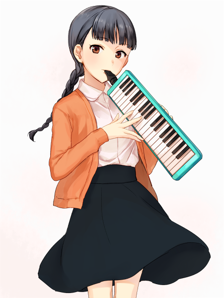 1girl, bangs, black_hair, black_skirt, blush, braid, brown_eyes, cardigan