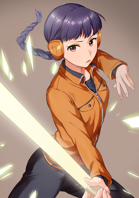 1girl, bangs, braid, brown_background, brown_eyes, cowboy_shot, floating_hair, glowing