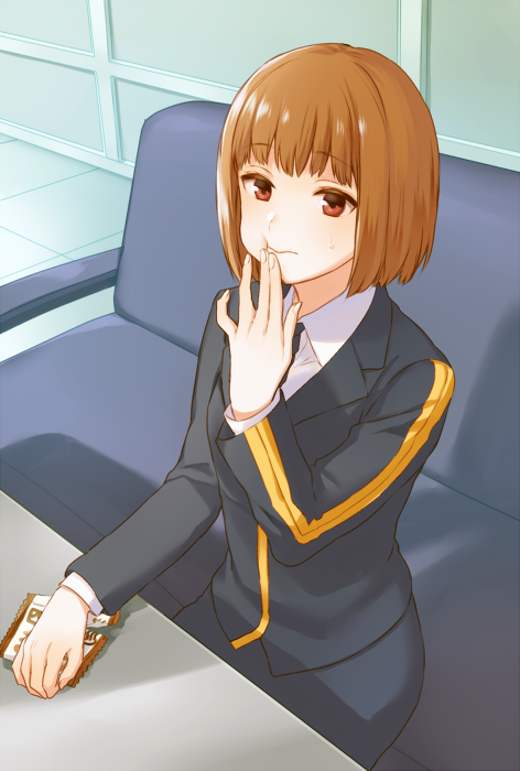 1girl, ayatsuji_haruka, bangs, blunt_bangs, blush, brown_hair, collared_shirt, dress_shirt