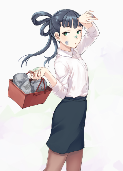 1girl, :o, arm_up, bangs, basket, black_hair, collared_shirt, dirty_face