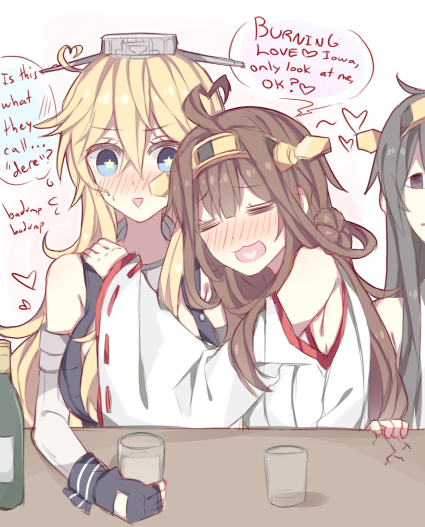 <o>_<o>, 3girls, =_=, ahoge, alcohol, arm_warmers, bare_shoulders, black_gloves, black_hair, blonde_hair, brown_hair, burning_love_(phrase), crack, drunk, english, fingerless_gloves, gloves, hair_ornament, hairband, haruna_(kantai_collection), heart, heart_ahoge, heart_in_mouth, highres, hug, hug_from_behind, iowa_(kantai_collection), kantai_collection, kongou_(kantai_collection), kvlen, multiple_girls, nontraditional_miko, open_mouth, smile, star, star-shaped_pupils, symbol-shaped_pupils, table, triangle_mouth, yuri