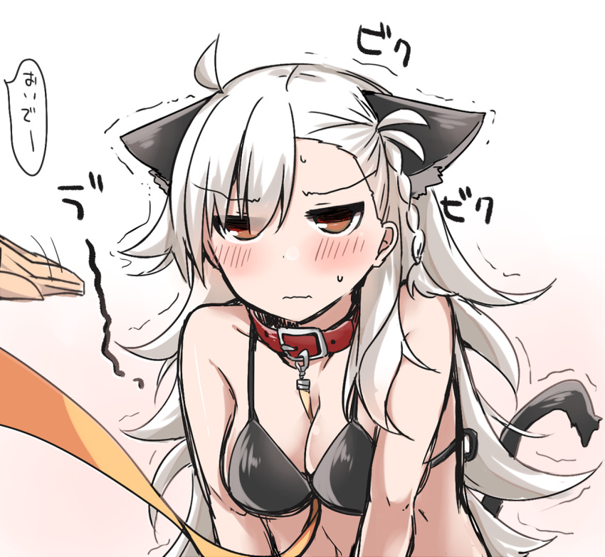 1boy, 1girl, animal_ears, between_breasts, bikini, black_bikini, blush, breasts