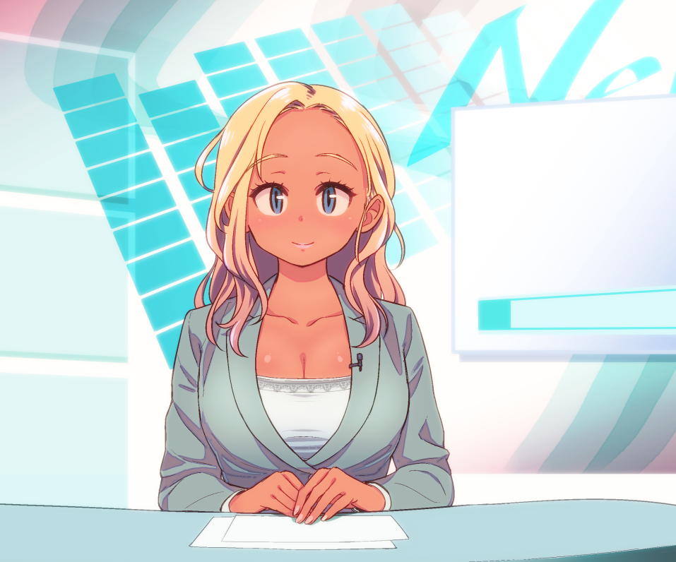 1girl, blonde_hair, blue_eyes, breasts, cleavage, formal, hori, long_hair, looking_at_viewer, news, original, paper, smile, solo, suit, tan
