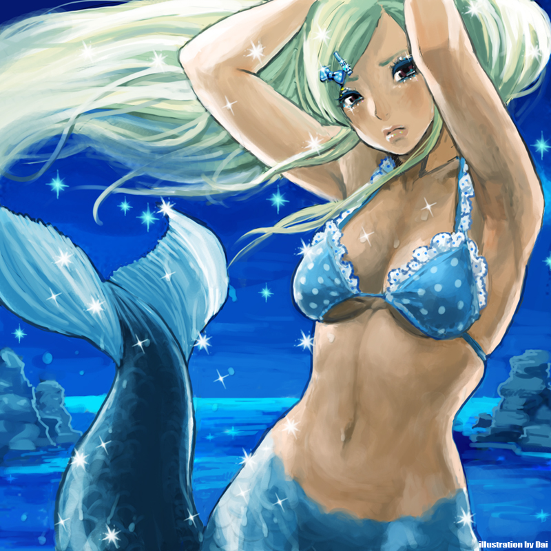 arms_up, bikini, blonde_hair, brown_eyes, cute, daichan_mona, hair_ornament, hairpin