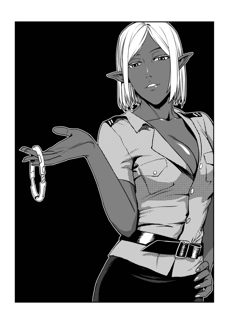 1girl, belt, breasts, cleavage, collar, collarbone, contrapposto, dark_elf