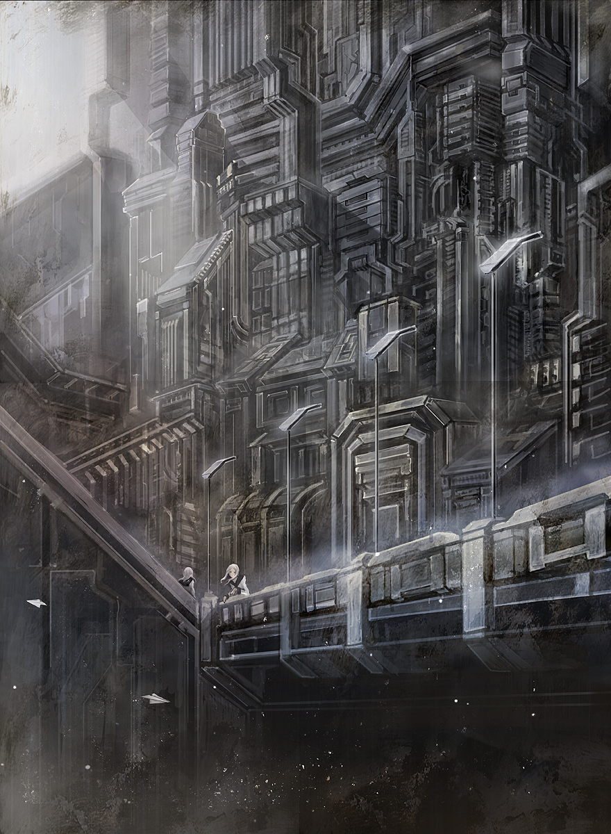 building, city, futuristic, highres, kentarou, multiple_girls, original, paper_airplane