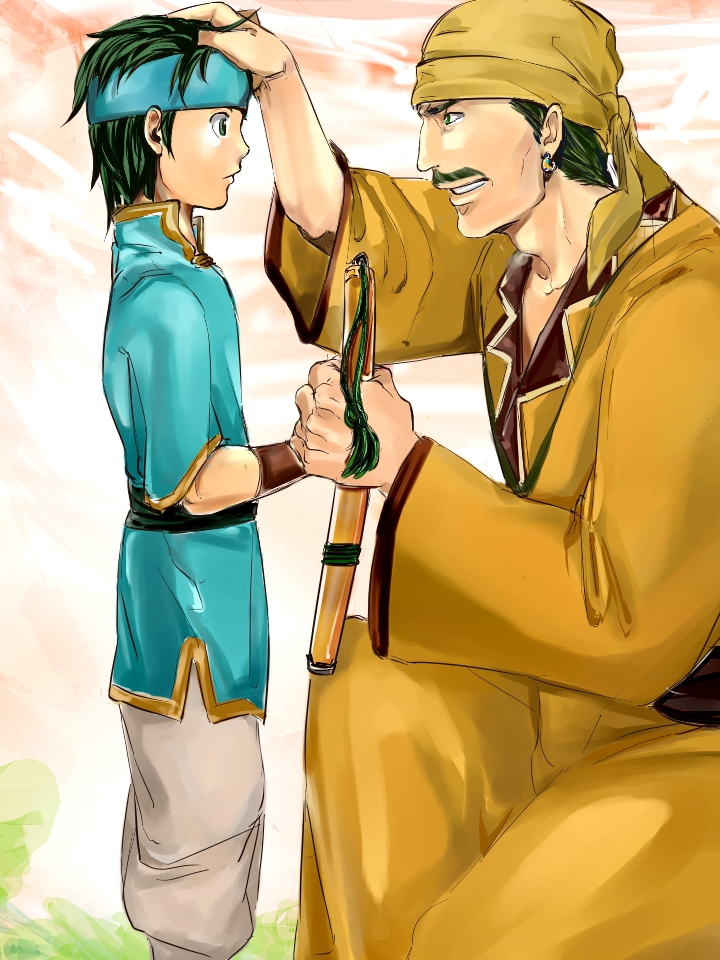 2boys, bandana, child, dayan, earrings, facial_hair, fire_emblem, fire_emblem:_fuuin_no_tsurugi, fire_emblem:_rekka_no_ken, green_eyes, green_hair, guy_(fire_emblem), headband, jewelry, makiya_(artist), multiple_boys, mustache, sword, weapon